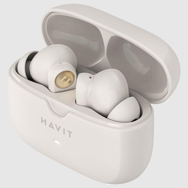 беспроводные наушники HAVIT TW992 в открытом кейсе крупный план